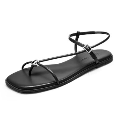 Imagem de Athlefit Sandália rasteira feminina com tiras quadradas, bico aberto, confortável, tira no tornozelo, sandália de praia, Preto, 36