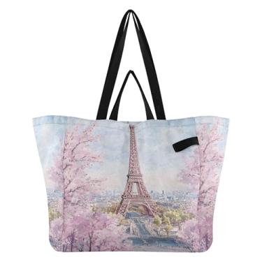 Imagem de SEHANY Sacola de compras reutilizável da Torre Eiffel de Paris com alças reforçadas, bolsa de compras de lona dobrável à prova d'água de grande capacidade para viagem, cozinha, praia