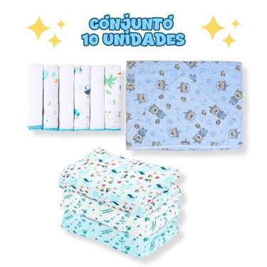 Imagem de Kit 10Pçs Bebê Azul Cueiro G+ Pano De Boca + Toalha De Banho