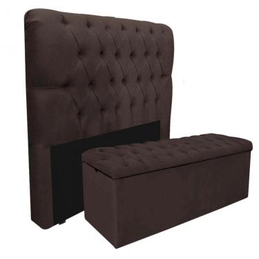 Imagem de Kit Baú Recamier Mais Cabeceira Madrid Queen Size Suede Marrom