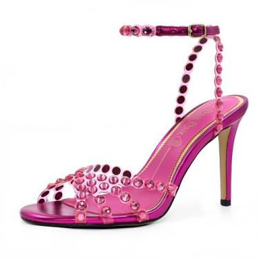 Imagem de GPXGPX Sandálias femininas de strass de salto alto com fivela de tiras transparentes, salto alto, bico redondo, sandálias elegantes e sexy, rosa, 35