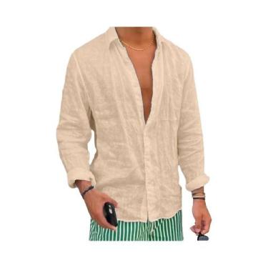 Imagem de Camisa Masculina Slim Fit De Algodão E Linho Manga Longa Casual Cor Só