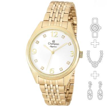 Imagem de Relógio Champion Kit Feminino Dourado Strass Cn26251w