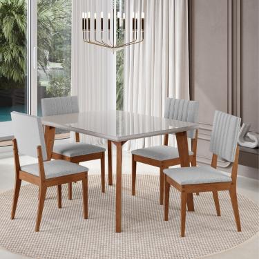 Imagem de Conjunto Sala de Jantar Mesa 120cm com Tampo de Vidro Dubai com 4 Cadeiras Milão Madetal - Mel/Nude/Cinza