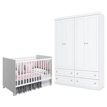 Imagem de Berço Nacional Mel Branco Acetinado - Reller E Guarda Roupa Infantil Americano 4 Portas Branco Hp - Henn