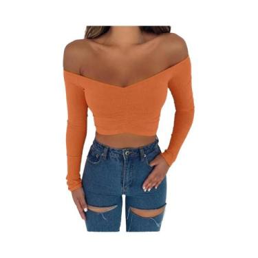 Imagem de Camiseta Feminina De Manga Longa Com Ombros Descidos Em Cor Sólida, Mo