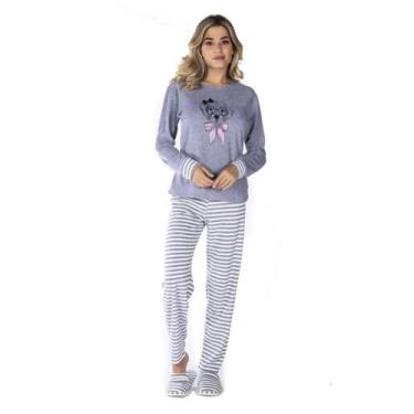 Imagem de Roupa De Dormir Feminino Victory Adulto Plush Quente Listras, M, Cinza