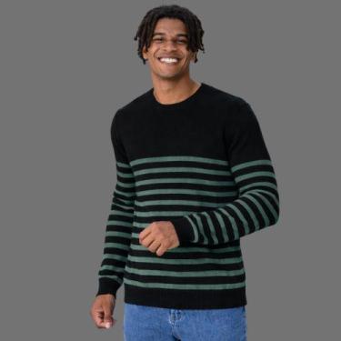 Imagem de Suéter Listrado Manga Longa Gola Redonda Canelada Malwee, GG, Preto