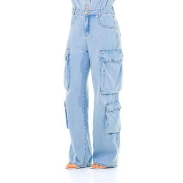 Imagem de Calça Jeans Feminina Arauto Wide Leg Super Cargo, Azul claro, 42