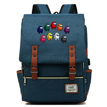 Imagem de Mochila retrô com estampa Among Space Game, mochila escolar retrô unissex (com USB), Azul marinho, Large, Clássico
