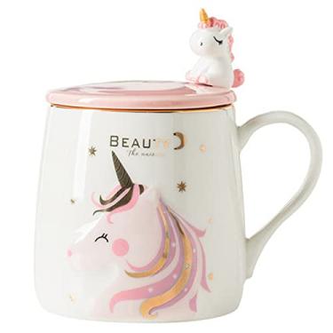 Imagem de seelucky Caneca de unicórnio com tampa de colher Caneca Mlik de desenho animado infantil estilo nórdico xícara de café xícara de chá presente escritório casa (lua rosa de unicórnio, 380 ml)