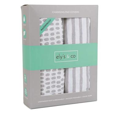 Imagem de Conjunto de capas de trocador à prova d'água | Conjunto de lençóis de berço da Ely's & Co não precisa de trocador de almofada de forro Taupe Splash & Listras Pacote com 2