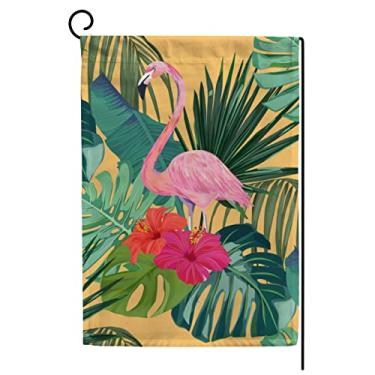 Imagem de ColourLife Bandeira de jardim folhas de palmeira flor hibisco e flamingo férias sazonais quintal casa bandeira bandeira decorativa 30,48 cm x 45,72 cm