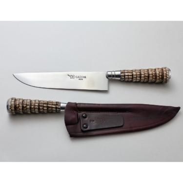 Imagem de Conjunto chaira e faca aço inox cabo de fibra de Tatu bainha couro 6 polegadas Facas Gaucha 4006RT