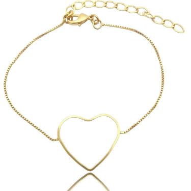 Imagem de Pulseira Coração Vazado e Corrente Veneziana Lisa Folheada a Ouro 18k Semijoia