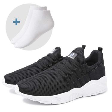 Imagem de Kit Tênis Masculino Esportivo Preto Comfort Com Tala Respirável + Meia Cano Curto Branca