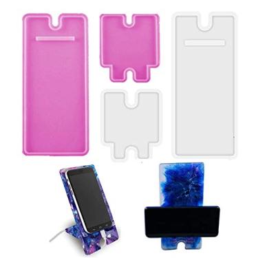 Imagem de 2 conjuntos de moldes de resina para suporte de celular, suporte de telefone de silicone, moldes de fundição epóxi para artesanato faça você mesmo suporte de telefone celular molde de silicone-1 conjunto branco + 1 conjunto rosa
