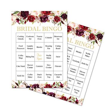 Imagem de InvitationHouse Jogo de bingo rústico flor de vinho para noivas – Bingo pré-preenchido para chá de panela – Conjunto de 24 cartas