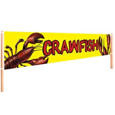 Imagem de Banner grande com estampa de lagosta | Placa amarela para restaurante | Decorações de festa com lagostas | Bandeira amarela com peixe de lagosta - 24 x 4 m