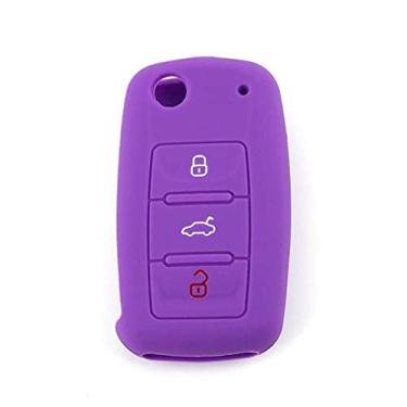 Imagem de YJADHU Capa de silicone para chave de carro capa protetora para chave com controle remoto 3 botões, apto para VW POLO Golf Jetta Tiguan Passat Bora Skoda Fabia, roxo