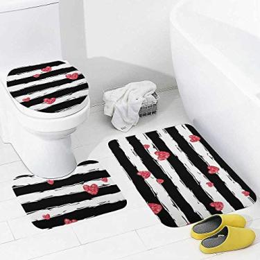 Imagem de Conjunto de tapetes e tapetes de banheiro 3 peças rosa corações preto e branco listrado, tapete de banheiro de espuma viscoelástica, lavável, antiderrapante, tapete e tampa para banheiro