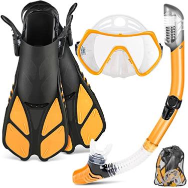 Imagem de ZEEPORTE Conjunto de snorkel de barbatana com equipamento de mergulho para adultos, máscara de mergulho panorâmica, nadadeira de trek, snorkel seco + bolsas de viagem, snorkel para natação de colo