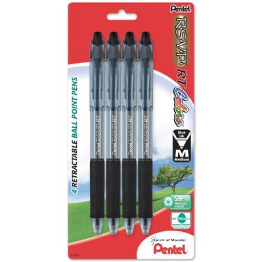Imagem de Pentel Caneta esferográfica retrátil R.S.V.P. RT Color, 1,0 mm, linha média, tinta preta, pacote com 4 (BK93CRBP4A)