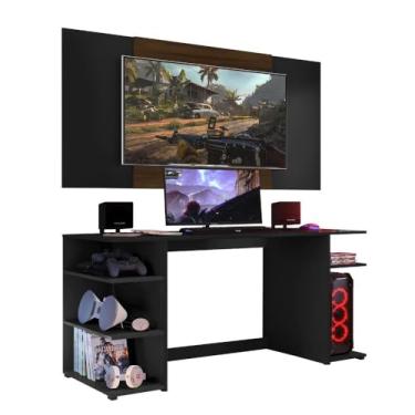 Imagem de Mesa Gamer Escrivaninha com Painel Tv 65" Guilda Multimóveis V3585 Preta/madeirada