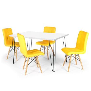 Imagem de Conjunto Mesa de Jantar Hairpin 130x80 Branca com 4 Cadeiras Eiffel Gomos - Amarelo