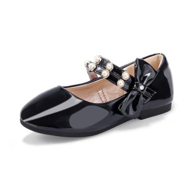 Imagem de Pandaninjia Sapatilha de bailarina floral princesa com laço de cerejeira para bebê/criança pequena pérola com alça dupla vestido de balé plana Mary Jane, Black Patent, 8 Toddler