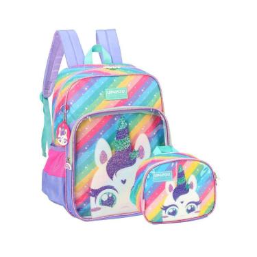 Imagem de Kit Escolar Unicórnio Luxo Lilás Mochila Costas + Lancheira
