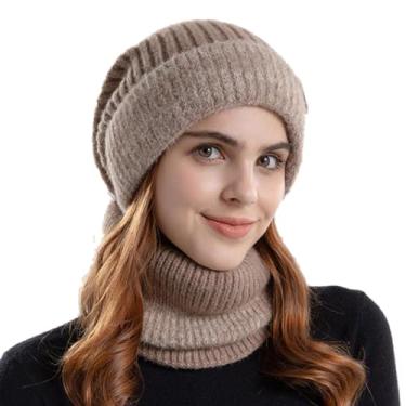 Imagem de Conjunto de Cachecol de Chapéu de Malha de Inverno Feminino, Conjunto de Cachecol de Chapéu Quente Feminino, Proteção de Orelha Elástica de Dois Tons para Compras para Festa