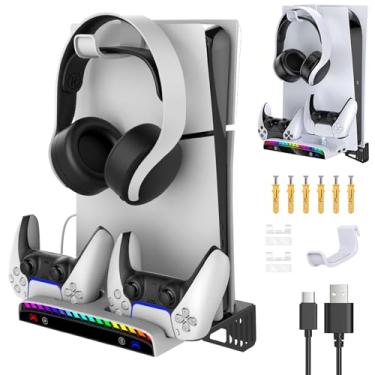 Imagem de Suporte de parede para console PS5/PS5 Slim, suporte de metal com estação de carregamento de controlador, 15 luzes RGB e suporte para fone de ouvido e 3 hubs USB. Para PS5 Slim (Montado na parede)