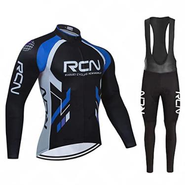 Imagem de Camisa de ciclismo de inverno equipe outono manga longa + calça babador conjunto de lã térmica masculino roupa de bicicleta esporte equitação MTB roupas de bicicleta, azul, PP (160 cm/53 kg)