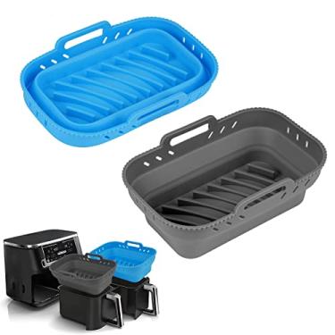 Imagem de Forros de silicone para fritadeira a ar, forro dobrável para airfryer, cesta retangular resistente ao calor, bandejas antiaderentes para fritadeiras a ar, pacote com 2 (cinza + azul)