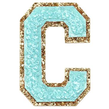 Imagem de 3 Pçs Chenille Letter Patches Ferro em Patches Glitter Varsity Letter Patches Bordado Bordado Borda Dourada Costurar em Patches para Vestuário Chapéu Camisa Bolsa (Azul, C)