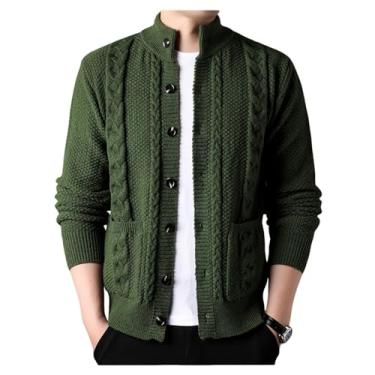 Imagem de Cardigã masculino de malha canelada suéter de malha com bolso cor sólida manga longa casual, Verde, 3G