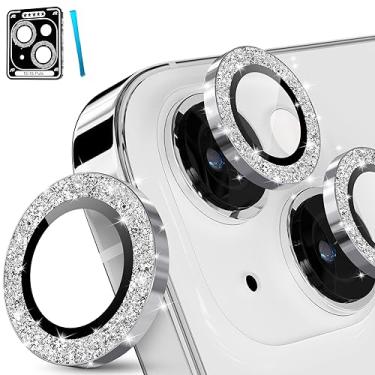 Imagem de imluckies Para iPhone 15 14 - Protetor de lente de câmera iPhone 15 Plus, anel individual de liga de alumínio transparente HD, película de proteção de tela traseira de vidro temperado 9H, prata brilhante
