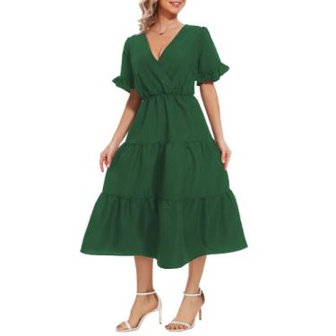 Imagem de DMNZNS Vestido túnica feminino de verão, gola V, casual, com babados, manga bufante, saia em camadas, vestido midi, Verde, PP