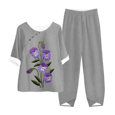 Imagem de Roupas femininas de verão de 2 peças, gola redonda, botões, camisa de Alzheimer, calças compridas soltas, conjunto de linho roxo com bolsos, Cinza, 5X-Large