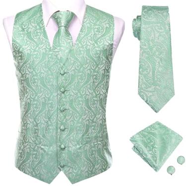 Imagem de Hi-Tie Colete masculino 4 peças colete gravata bolso quadrado abotoaduras conjunto para terno ou smoking mais cor para escolher, Paisley verde-sálvia, XXG