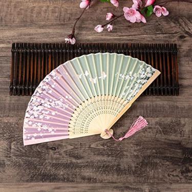 Imagem de YQHWLKJ Ventilador dobrável estilo chinês vintage, ventiladores de mão de pano de bambu, decoração de casa, presentes de casamento, festa de dança, ventiladores portáteis