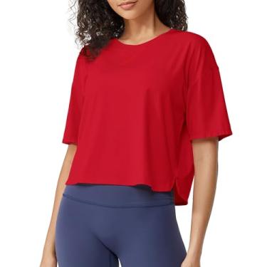 Imagem de G4Free Camisetas femininas básicas de algodão de ajuste solto de manga curta, Vermelho, G