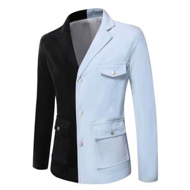 Imagem de Blazer masculino cor contrastante slim fit manga comprida casaco terno bolso peito notch lapela jaqueta terno, Azul, 3G