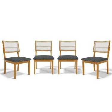 Imagem de Kit Com 4 Cadeiras Aline Madeira Maciça Assentos Estofados Encostos De Telinha Linho Chumbo 406