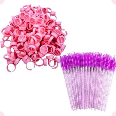 Imagem de Kit 50 Escovinha Cilios Sobrancelha Cola Henna Roxa + 100 Anel Batoque Grande com Divisoria