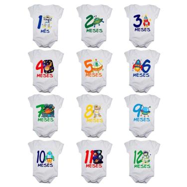 Imagem de Kit 12 Body Bebê Calupa Mesversario Manga Curta Astronauta 1 A 12 Meses Masculino-Masculino