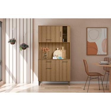 Imagem de Armário De Cozinha Marrom De Madeira Com 4 Portas e Cristaleira Vp