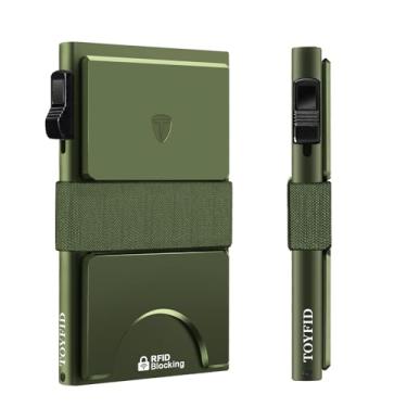 Imagem de Carteira masculina fina TOYFID, carteira pop-up minimalista, carteira de metal, bloqueio RFID com placa traseira expansível e faixa para dinheiro, comporta mais de 12 cartões e dinheiro, Verde, 3.9 x