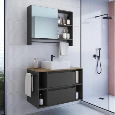 Imagem de Conjunto para Banheiro Gabinete Suspenso 80cm com Cuba Espelheira com Toalheiro Cj8010.20 Mel/Grafite